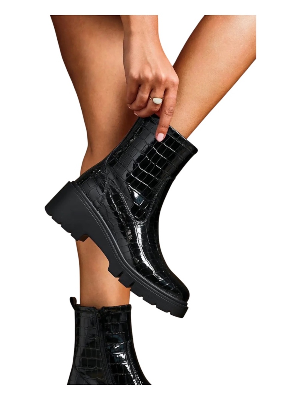 Nasty Gal Black Faux Croc Leather Zip Front Ankle Boots Size US 9 UK 7